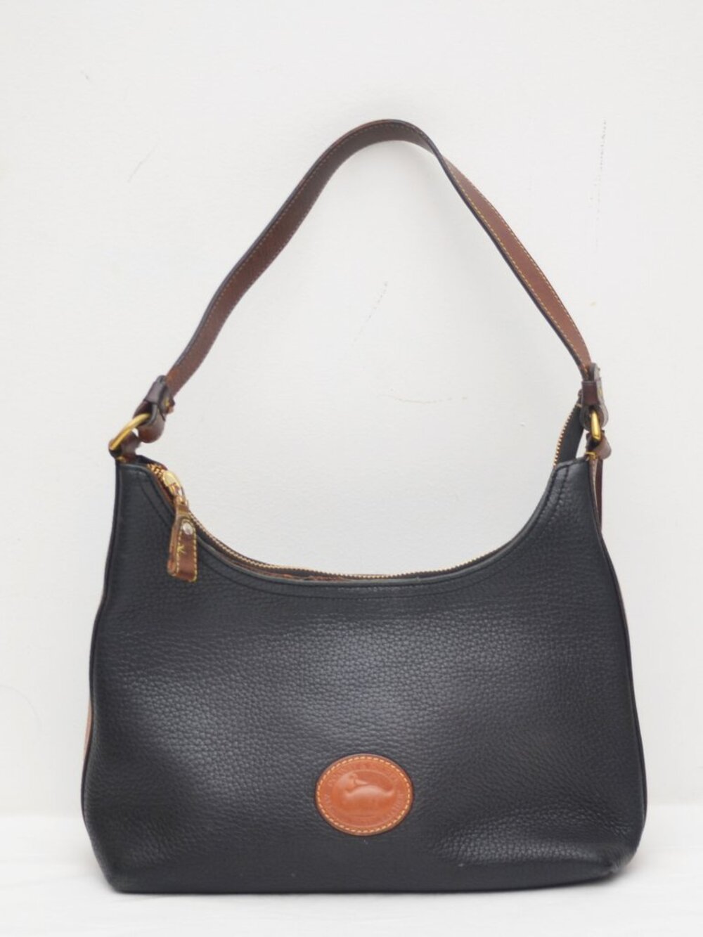 Dooney & Bourke Black Pebbled Leather Purse with Shoulder Strap & Brown Trim